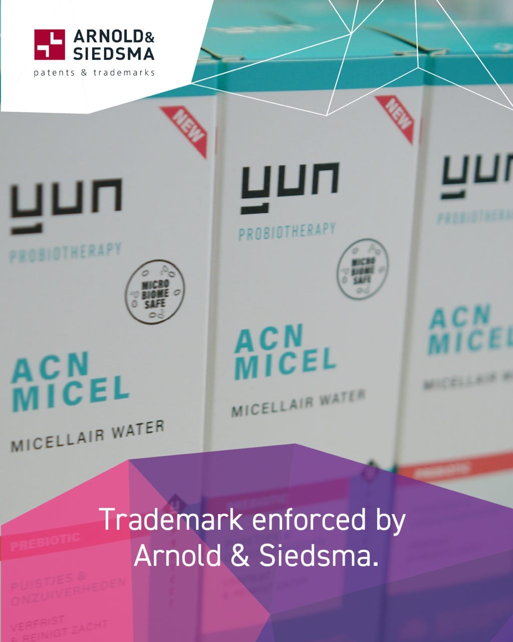 Arnold & Siedsma YUN merkbescherming Verticale Arnold & Siedsma-uiting met YUN-producten en tekst over merkbescherming